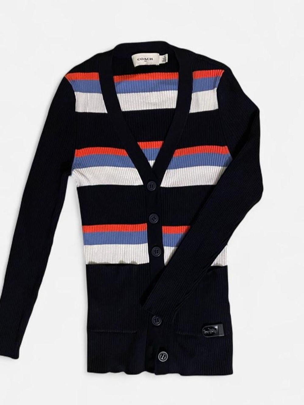 Coach Navy Striped Button-Up V-Neck Cardigan with Red, Blue & White Stripes